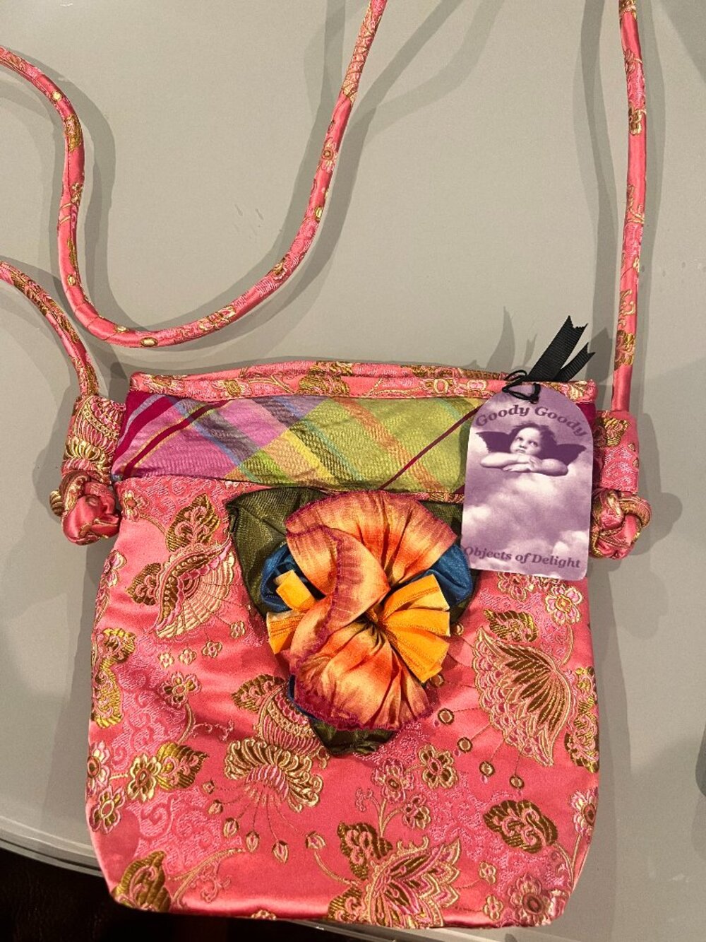 NWT Goody Goody Pink Silk Brocade Rosette Floral Mini Crossbody Bag